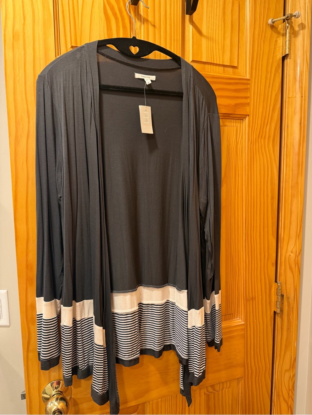 Maurices Charcoal Open-Front Cardigan with Cream & Navy Striped Hem
